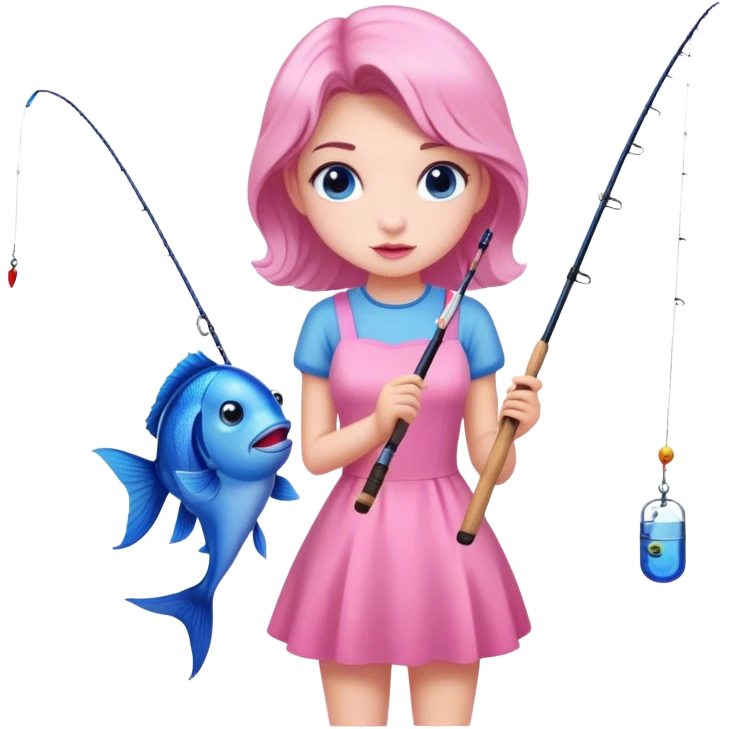 a girl with pink dress fishing a blue fish emoji
