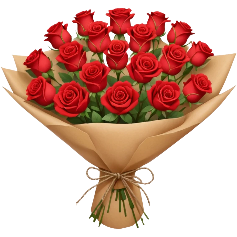 A brown paper-wrapped bouquet of fresh roses and baby’s breath emoji