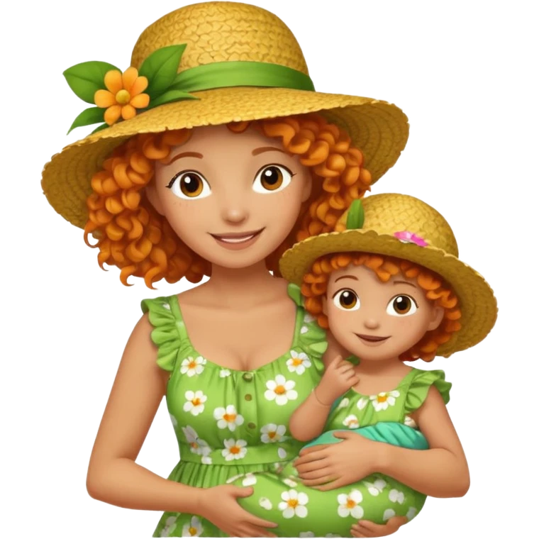 A cheerful orange curly hair mom in a straw hat carrying her child, wearing a green flowery dress emoji