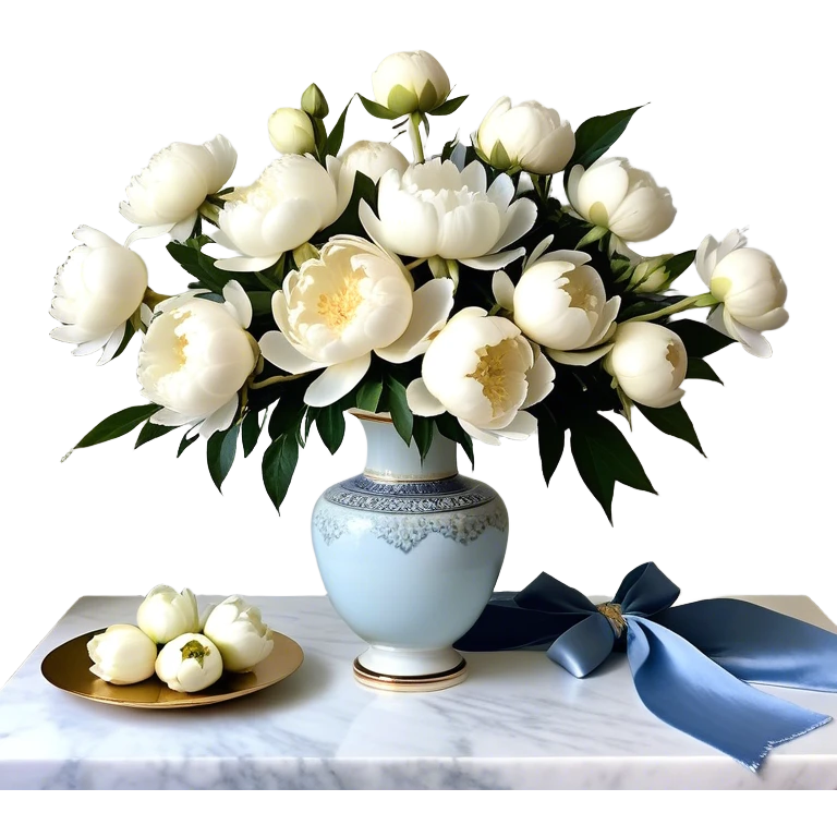 An intricately detailed porcelain vase with gold accents cradles a cascading bouquet of white peonies, tinged with hints of sky blue. Around the neck of the vase, a dusty blue velvet ribbon is artfully tied into a loose bow, its ends draping gracefully over the table’s edge. A few petals have delicately fallen onto the tabletop, resting beside a strand of soft pearl beads, adding a sense of quiet romance and nostalgia to the composition.


 emoji