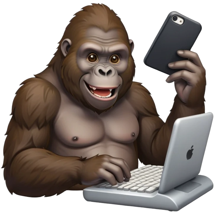 happy smiling gorilla ape typing on a keyboard, texting emoji