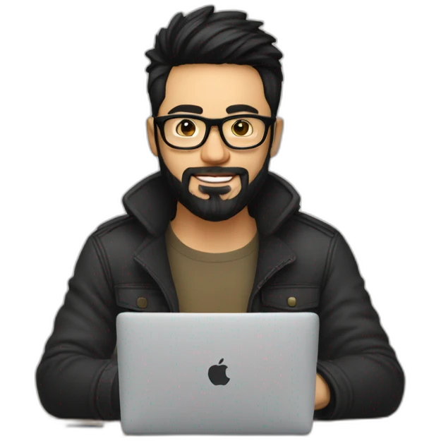 Designer with black hair, beard and glasses working with MacBook and drinking cappuccino  emoji