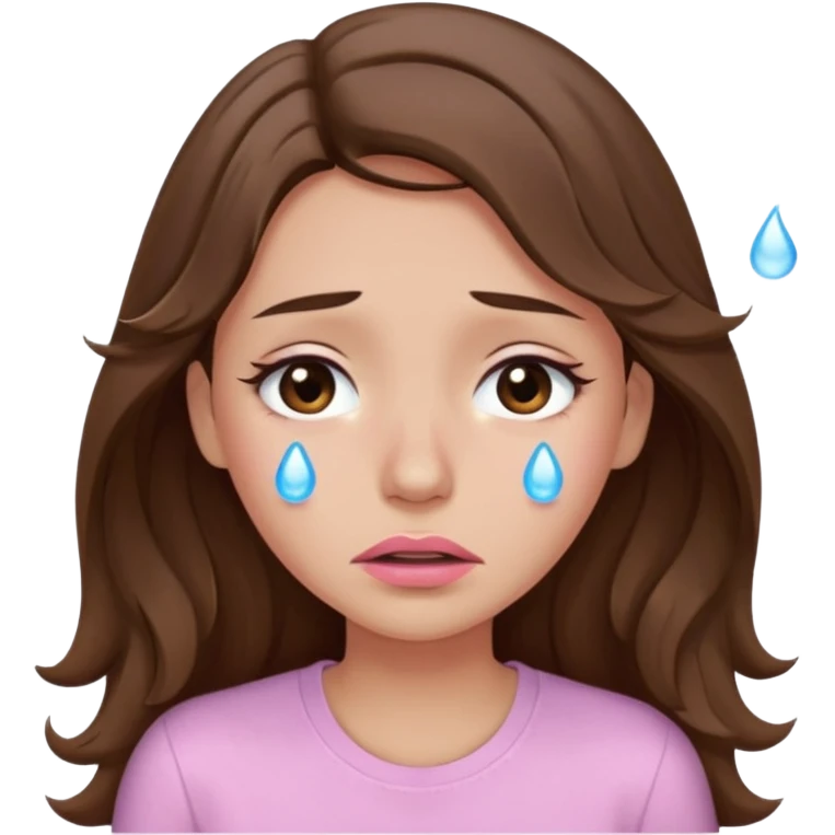 girl with wavy long brown hair, brown eyes, light to medium complexion, long lashes, light pink lipstick, wearing light pink shirt, weeping big big tears emoji