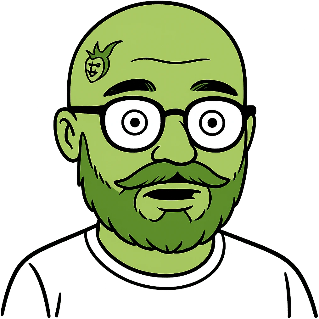 Edit the image to depict a bald man with a green beard, glasses, and face tattoos in the same memoji style. Remove the background. emoji