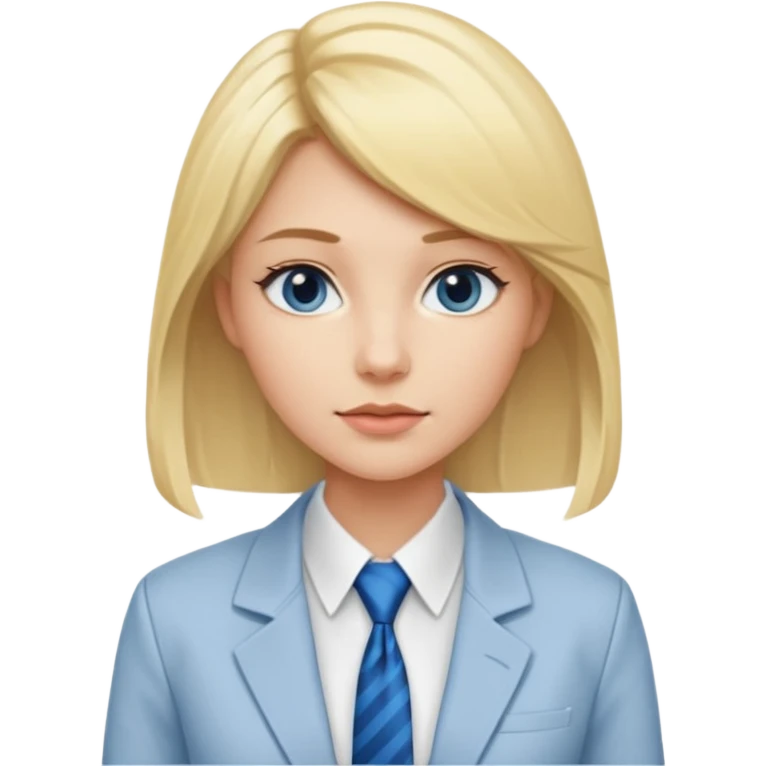 une femme blonde jolie avec des jolies traits avec une chemise blanche et une veste a manche longues et cravate bleu emoji