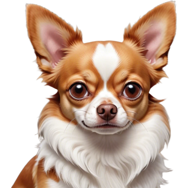 Cinematic Grumpy Red/White Short Haired Chihuahua Portrait Emoji, Head tilted slightly with a deeply unimpressed expression, thick red and white fur with bold patches, large, droopy dark eyes narrowed into an unamused glare, ears slightly drooping in exasperation, Simplified yet comically expressive features, highly detailed, glowing with a dry, sarcastic glow, high shine, effortlessly judgmental yet dignified, stylized with a touch of cynicism, bright but brooding, soft glowing outline, capturing the essence of an eternally unimpressed yet endearing pup, so lifelike it feels like it could sigh heavily at you in disdain at any moment! emoji