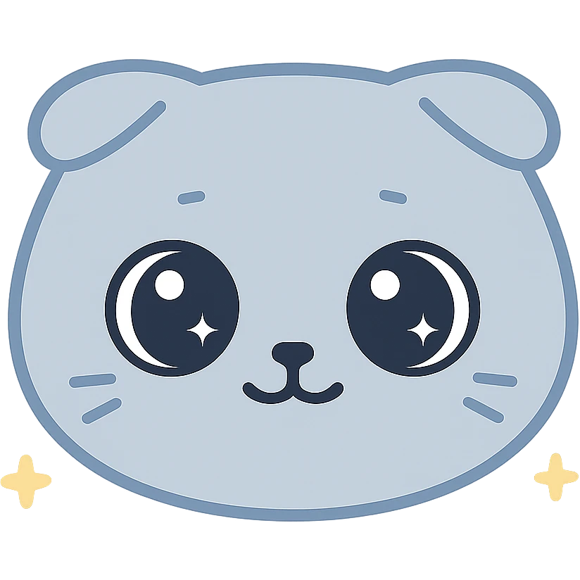 blue point Scottish Fold cat face, soft blue-gray fur, round eyes, kawaii style emoji