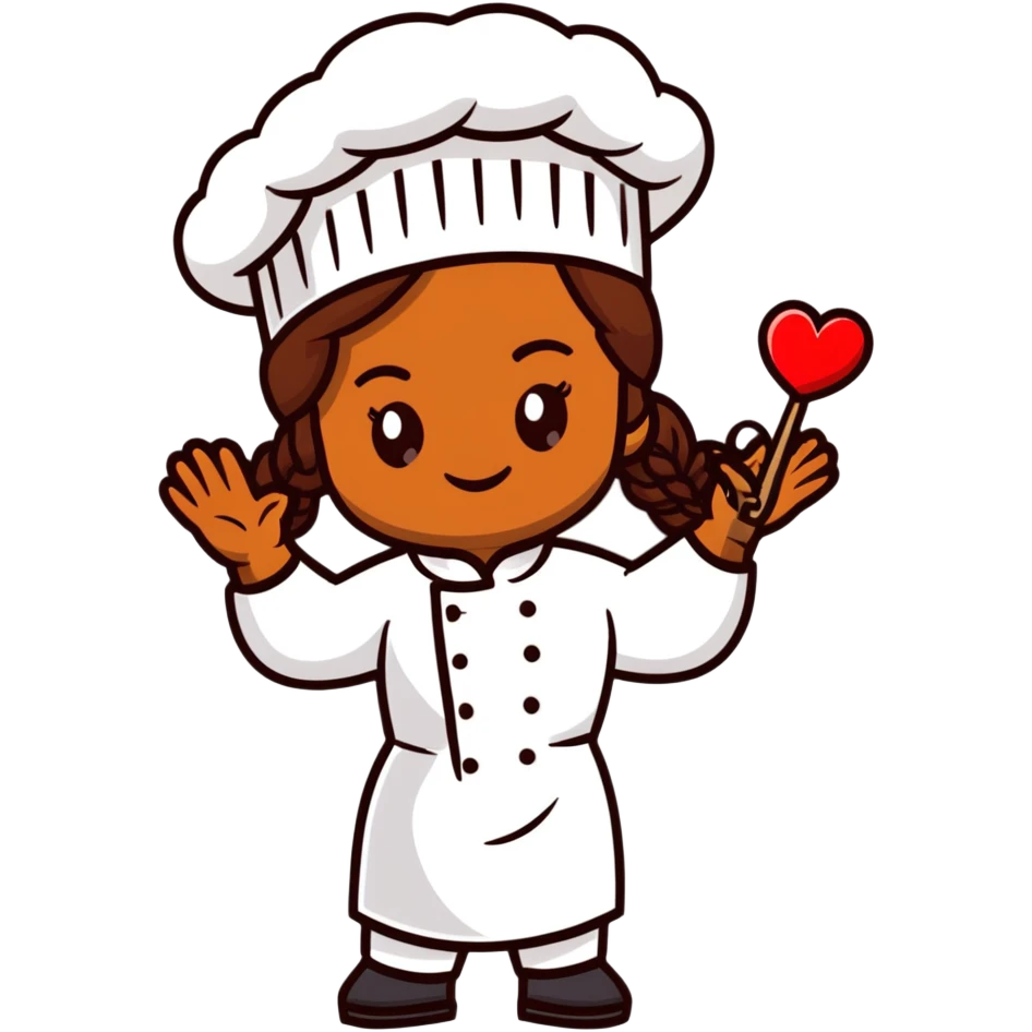 Brown-skinned female chef with long braided brown hair, wearing a chef's hat, with both an angel halo and devil horns, making a heart shape with her hands emoji