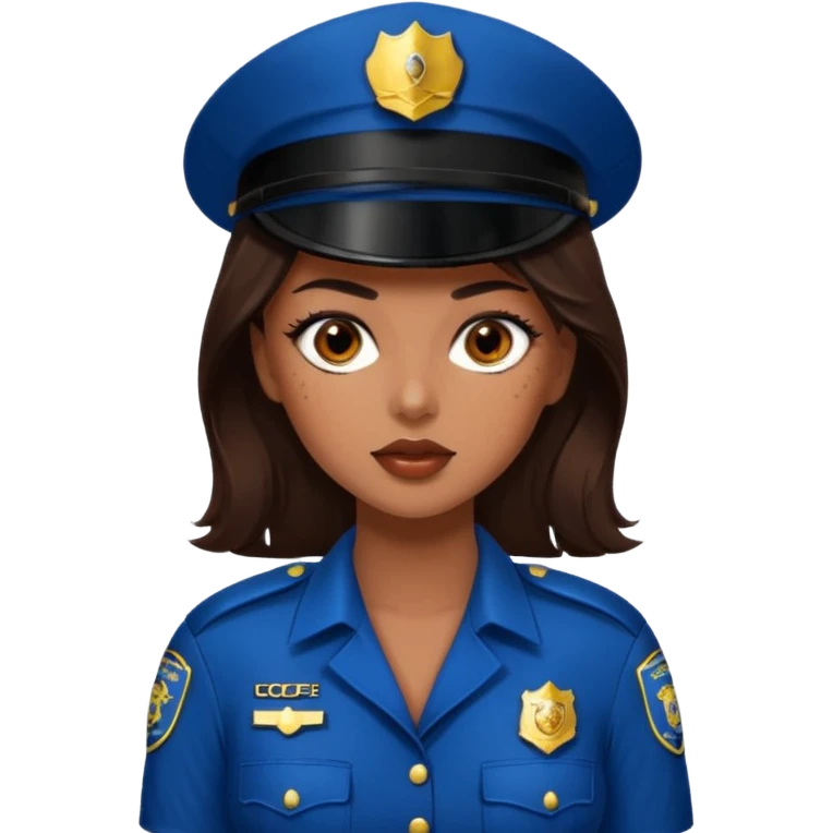 A sexy girl. with caramel skin. Dark brown hair and brown eyes. She has freckles. Wearing sexy makeup. Dressed as a sexy cop. wearing lingerie. Wearing heels on her feet emoji