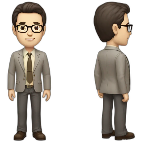 Full height Pale skinned Fit Man With dark brown hair in gray jacket, beige office shirt, tie, Brown pants and vintage glasses. Thrumbs of his palms directed up emoji