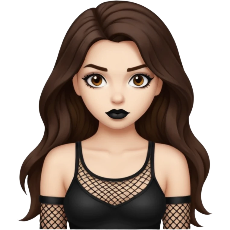 a pretty bratz fair girl with brown long hair styled well, looking like a baddie in a fishnet top and dark brown hair and black lipstick emoji