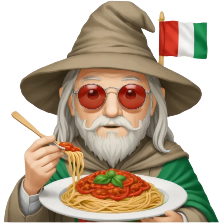 Gandalf with sunglasses, eating spaghetti and wearing Italian colors with an Italian flag somewhere emoji