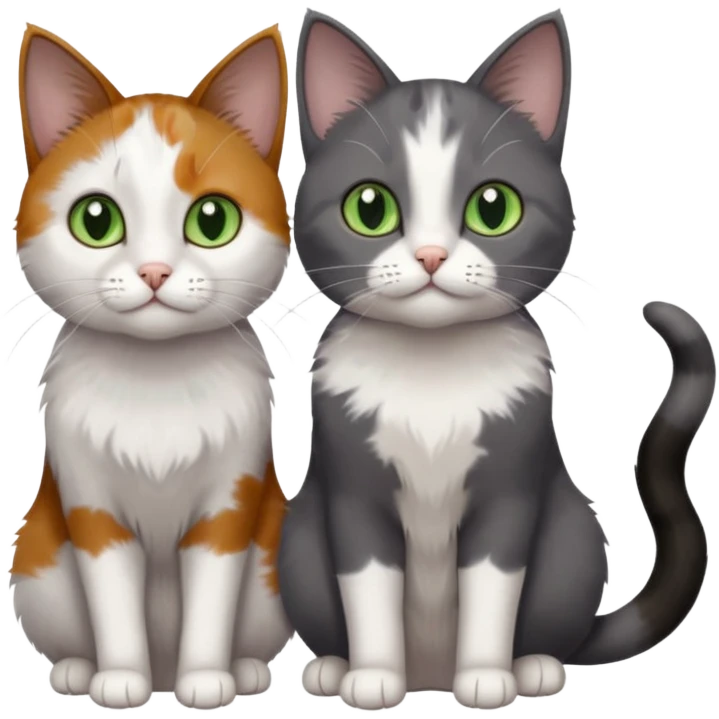3 different coloured small cats including a dark grey and white, and a patchy calico with hazel eyes and a completely solid dark grey with green eyes and only white paws emoji