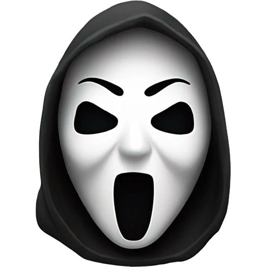 “Apple emoji of Ghostface: white mask with a screaming expression, dark eyes, and a black hooded cloak.” emoji