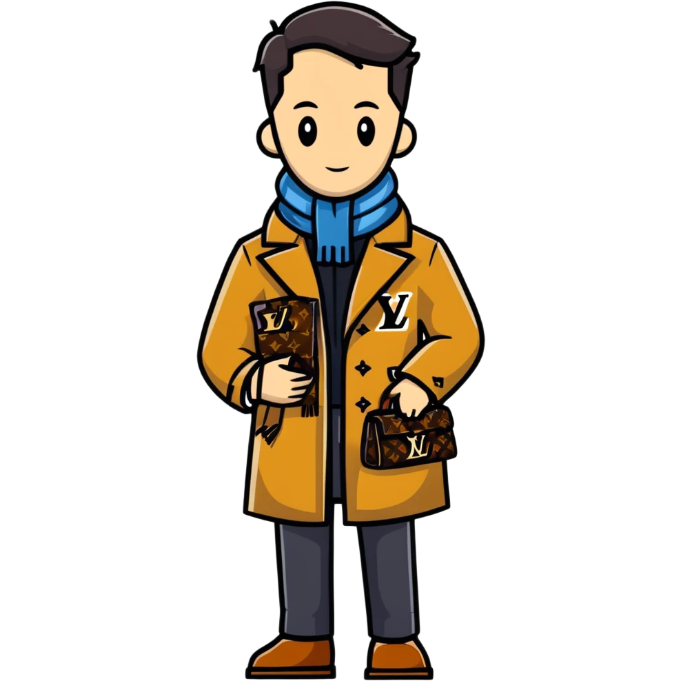 elegant man wearing Louis Vuitton coat and scarf with the iconic LV monogram emoji