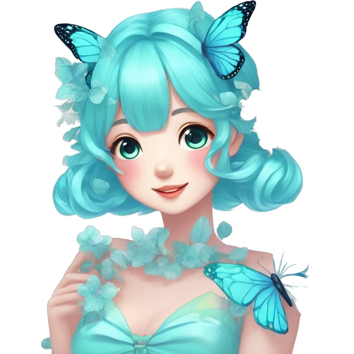 Gorgeous Shiny Pastel cyan Anime-Style Lady Butterflies flower petals leaves cottagecore fairycore pastelcore kawaii aesthetic trending style emoji