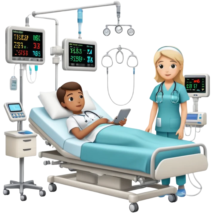 Hospital sleep laboratory room with patient in hospital bed connected to sleep monitoring equipment, nurse checking vitals, medical charts, and hospital IV stand emoji
