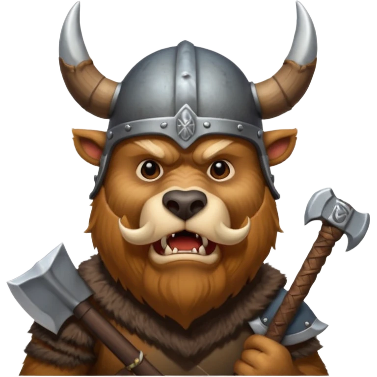 Viking Bear wearing horned helmet growling. holding axe emoji