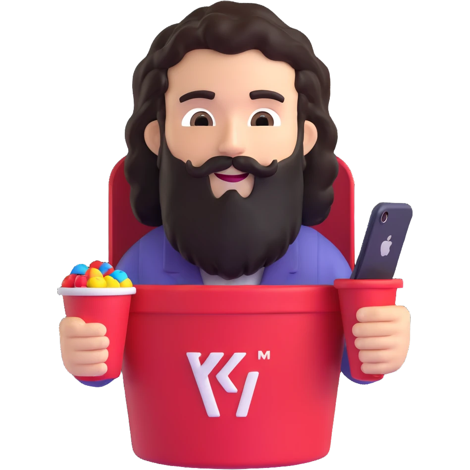 KFC bucket with a green M&M character sitting inside it, the M&M has a black beard, curly hair, and is holding an iPhone emoji