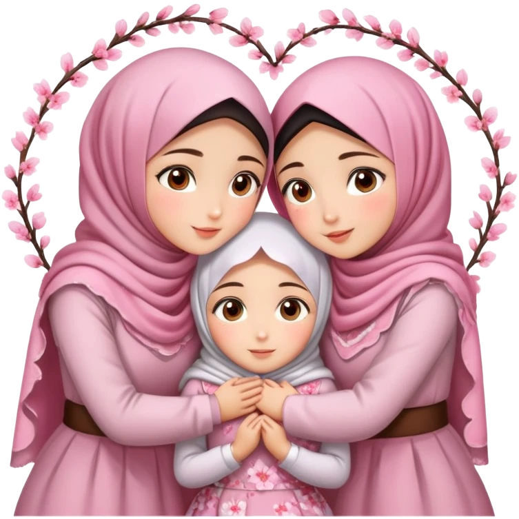 Four sister hugs Turkish girls beautiful finish Konya brown eyes with cherry blossom hijab and heart dress and hugs  emoji