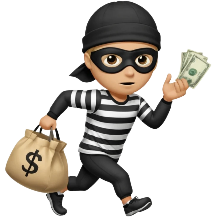 running robber wears black eye mask, black beanies and black and white stibes shirt with one brown money bag beside him emoji