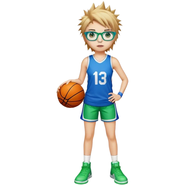 Full Body white Girl with basketball spikeyshort brown hair with blond highlights wearing blue glasses with green eyes emoji