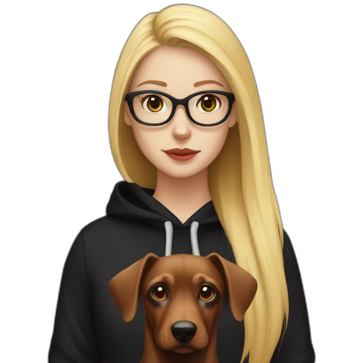 white girl with glasses and long blonde hair and black hoodie and a red doberman emoji