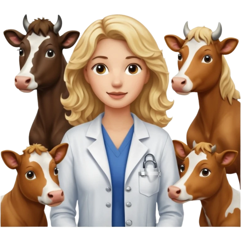 Joven mujer, de cabello bajo los hombros rubio con ondas, veterinaria de perros, vacas y caballos emoji