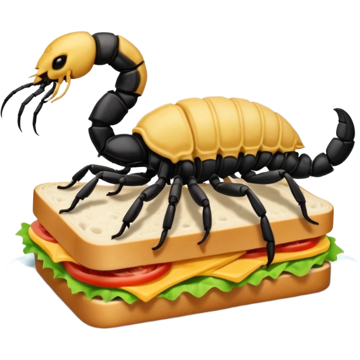 MAKE A SCORPION ON TOP OF A EHITE FLUFFY CLOUD THAT IS HOLDING A SANDWICH IN ITS CLAW AND LOOKING LIKE ITS EATING IT AND ITS NOT ON TOP OF THE SANDWICH ITS HOLDING IT AND NO SANDWICH UNDER ITS FEET emoji