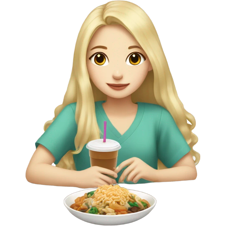  Blonde long hair girl eating Korean food and drinking boba emoji
