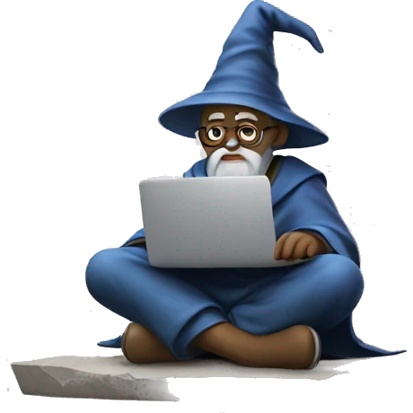Wizard sitting cross legged and doing deep work on a macbook emoji