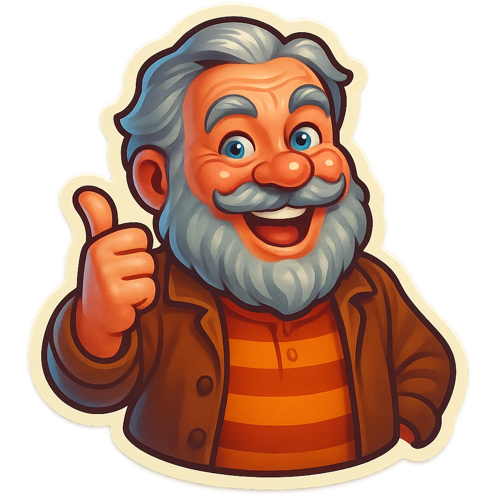 A dwarf with gray hair, a gray mustache, a gray beard, and gray eyebrows. He has blue eyes and wrinkles on his forehead. He is wearing a striped t-shirt and a brown jacket. The dwarf is displaying a fun emotion. emoji