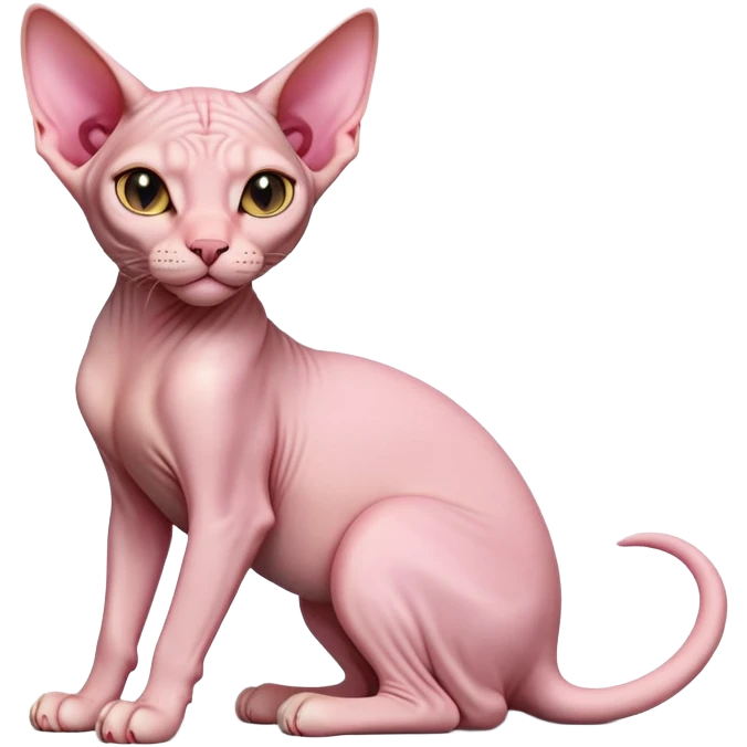cinematic-[sphynx cat]-realistic-full-body-sitting-emoji,-tail-curled-playfully-around-its-paws,-head-tilted-dramatically,-sleek-[pink]-skin,-simplified-yet-realistic-focused-features,-highly-detailed,-glowing-with-an-almost-sarcastic-glow emoji