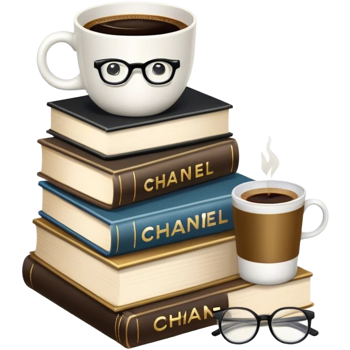 Stacked Chanel books with coffee on top and glasses on the side emoji