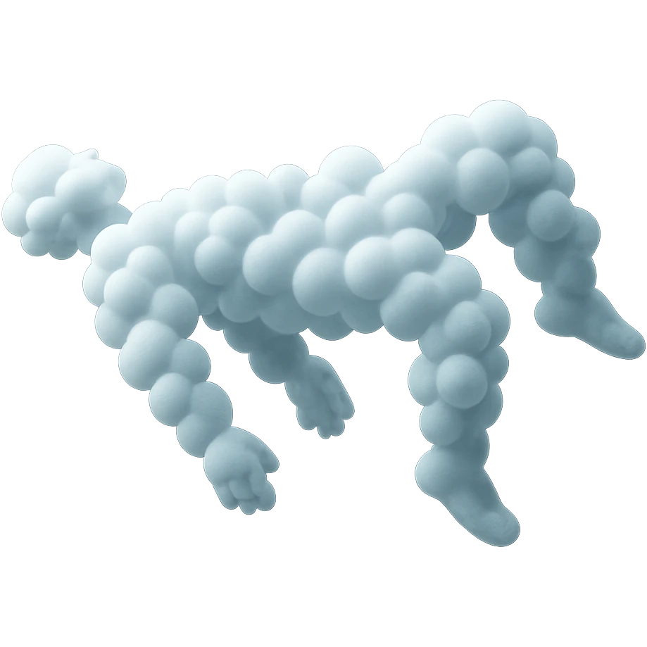 side view unconscious person flying with torso upwards, legs and arms downwards, made of small very bright white fluffy convex clouds, matte glass style emoji