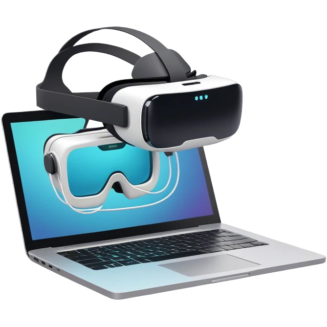VR headset, wire connected to laptop, laptop screen showing VR/AR modeling software, floating 3D models or virtual objects, modern, tech-inspired colors, no emojis or smiley faces, transparent background. emoji