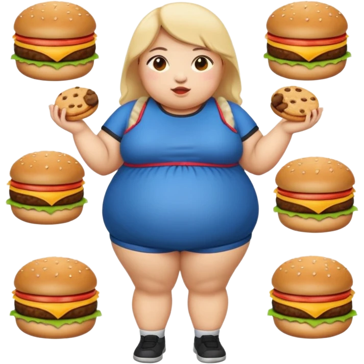 n create a humongous asian girl with 2 burgers and a cookie in her mouth, she is super obese, please make her a full body emoji emoji