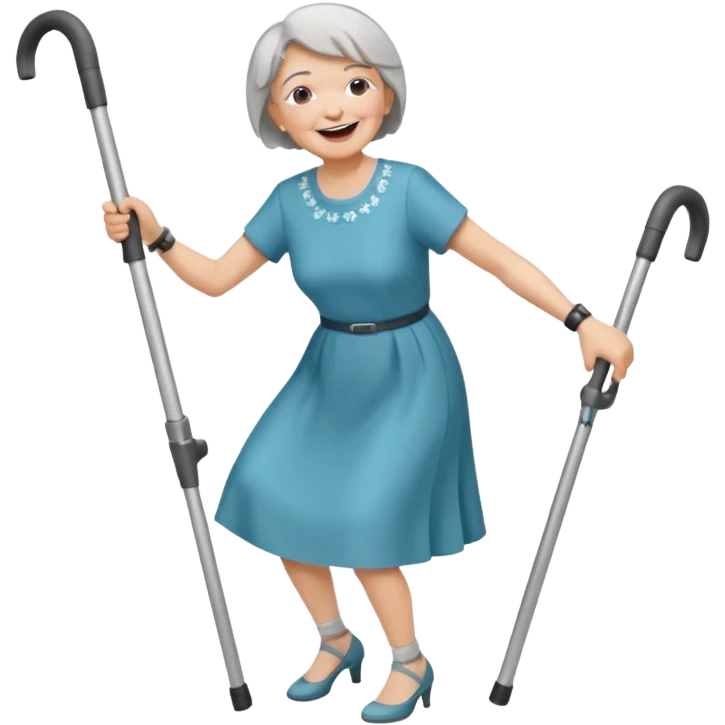 elderly woman with pants, short grey hair, laughing and dancing th crutches emoji