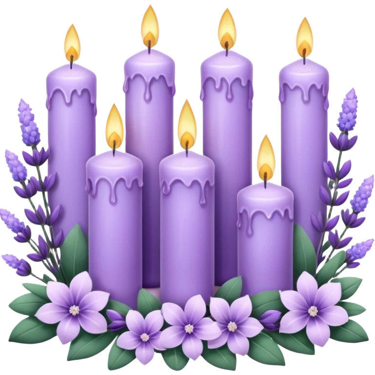 Aesthetic scenic romantic lavender lilac pastels beautiful gorgeous holy divine spiritual pretty elegant sparkly shiny scene of Candles, flowers, plants leaves, amethyst crystals, scenic aesthetic scenery emoji