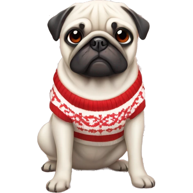 full white pug wearing a red and white checkered sweater emoji