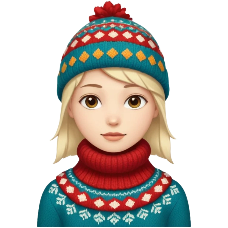 Fantasy human emoji portrait, knitted winter collar with simple pattern, festive but subtle look, warm colors, minimal fantasy style, clean emoji design, male/female variant
 emoji