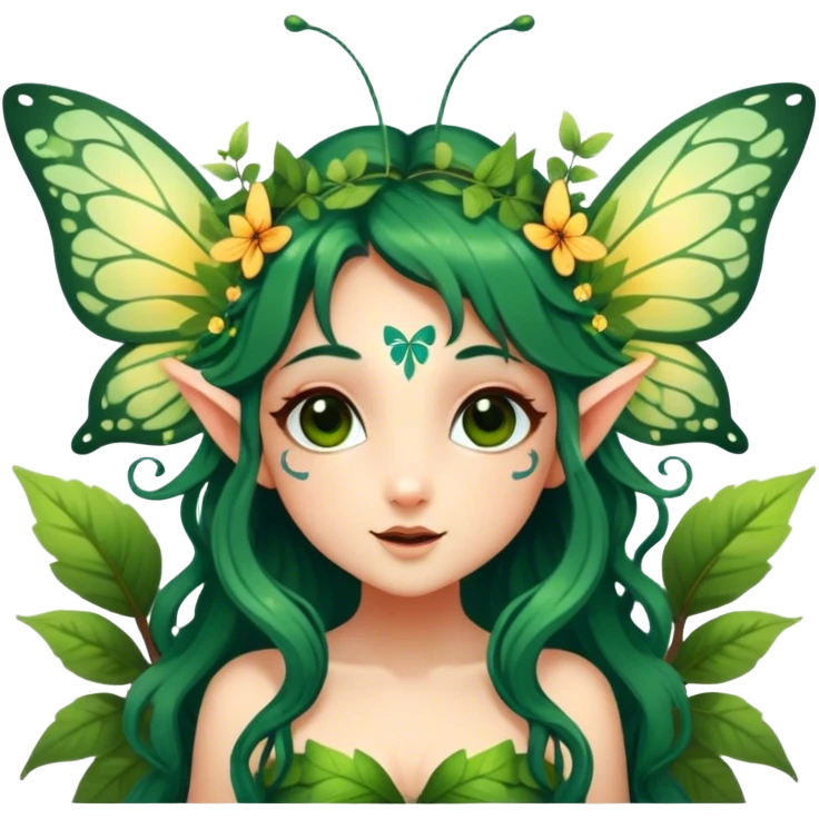 Cinematic Realistic Forest Nymph Fairy portrait, with butterfly wings and head tilted playfully and inquisitively, showcasing a nature-inspired form with intricately detailed, sunlit tanned skin and cascading dark green hair interlaced with leaves and blossoms. Her bright, curious eyes sparkle with forest mischief, rendered with lifelike clarity and warm, dappled lighting that captures the spirit of an enchanting woodland fairy ready to dance among the trees. emoji