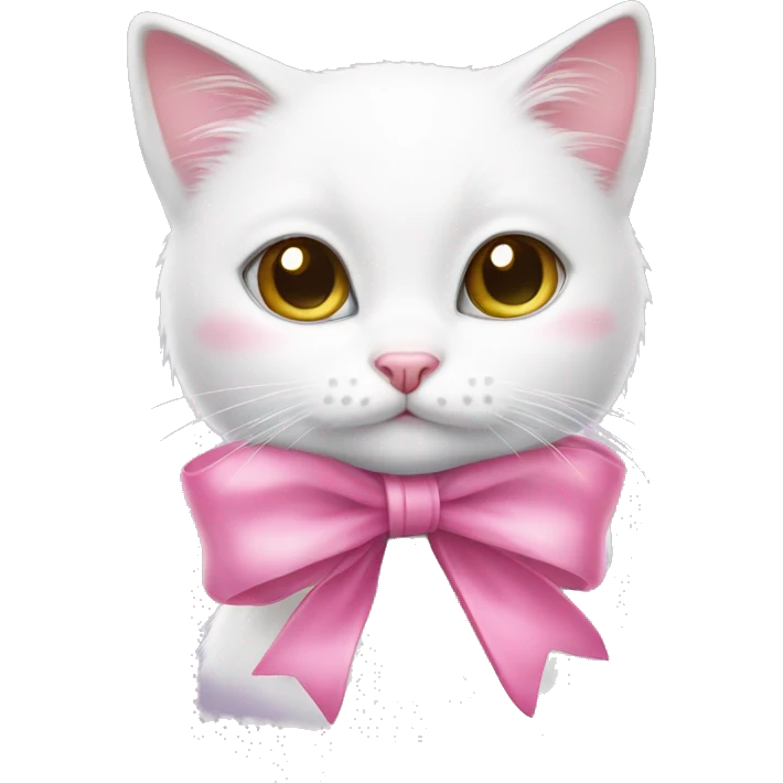 Cute white cat with a silk pink bow around her neck  emoji