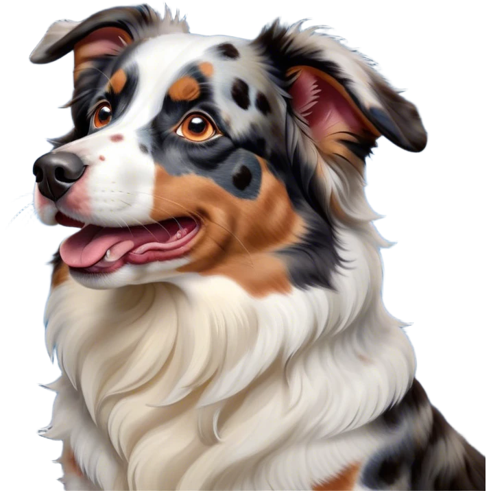Cinematic Cute Yawning Calico Australian Shepherd Portrait Emoji, Head tilted slightly with a dramatic, wide-open yawn, predominantly white coat with vibrant black, tan, and red calico merle patches, floppy ears slightly drooping, round blue eyes barely open in drowsy contentment, Simplified yet irresistibly adorable features, highly detailed, glowing with a soft, cozy glow, high shine, relaxed yet expressive, stylized with a touch of whimsy, bright and endearing, soft glowing outline, capturing the essence of a sleepy yet affectionate pup, so drowsy it feels like it could stretch right out of the screen and curl up for a nap! emoji