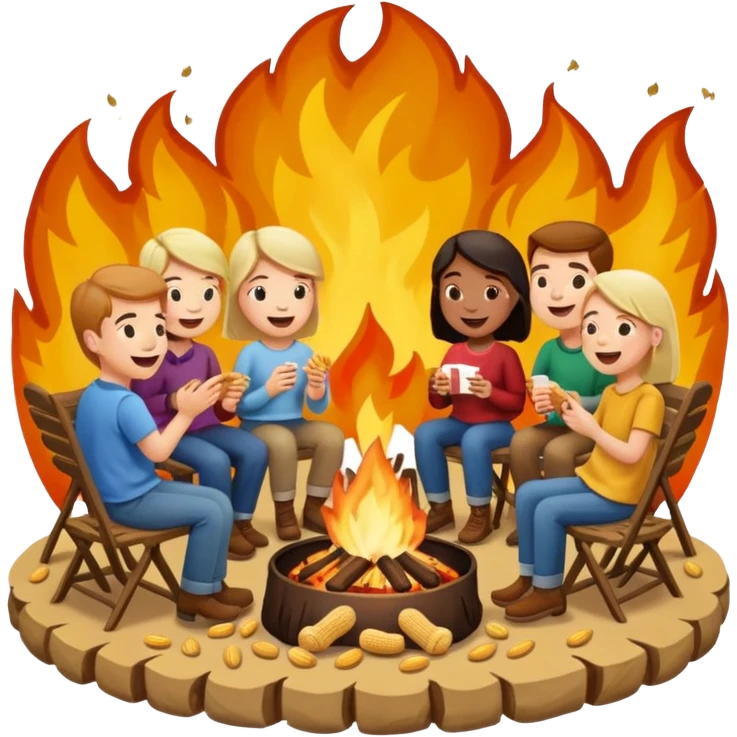 Born fire and people sitting beside born fire on chairs eating peanuts. Born fire is in the centre emoji