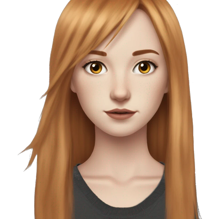 White fair skin, long hair, woman, feminine, straight hair in a wolf haircut, ginger coloured hair, grundge aesthetic, beautiful face, British, stylist, aesthetic, side bangs, front bangs emoji