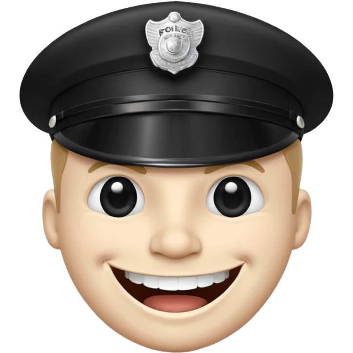 Black-and-white line drawing of a cartoon face with a round head, large round eyes, and a wide toothy grin showing a big happy smile. He is a police officer stopping you. Plain white background, simple and playful style. emoji