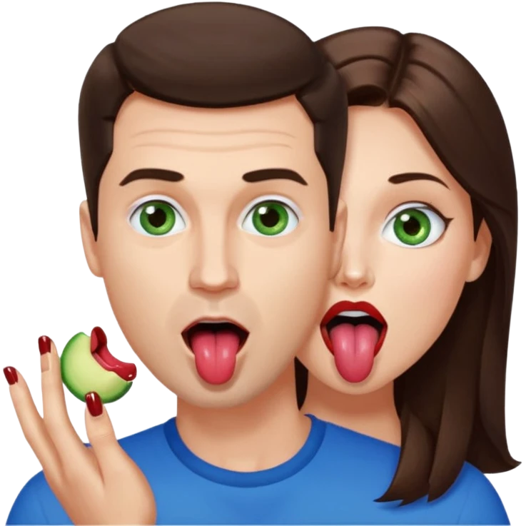 A good looking white man with dark brown hair and blue eyes with his mouth open and tongue out licking a white woman with light brown hair and green eye’s well groomed with deep red painted nails. emoji