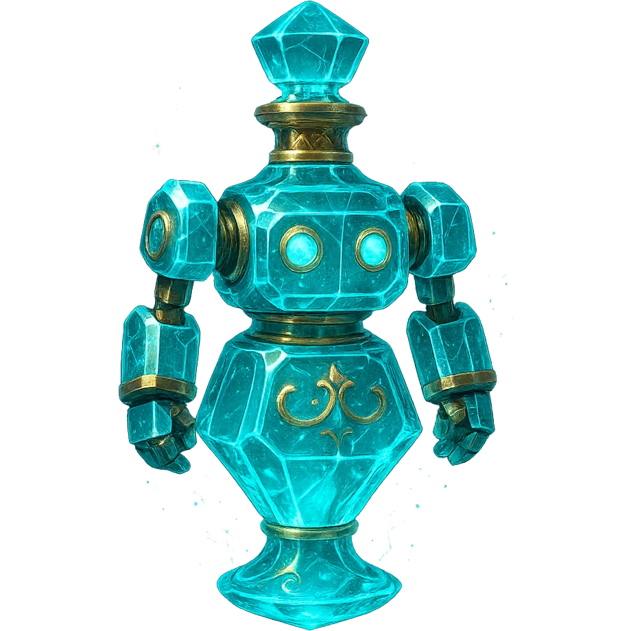 crystal luxurious elixir bottle in robot shape, cyan color, lots of glowing, edges, ornaments, golden details, magical effects, very small golden collar, transparent background, beautiful merging base, clearly floating in the air, no base or shadow, very luxurious, futuristic, matching the collection emoji