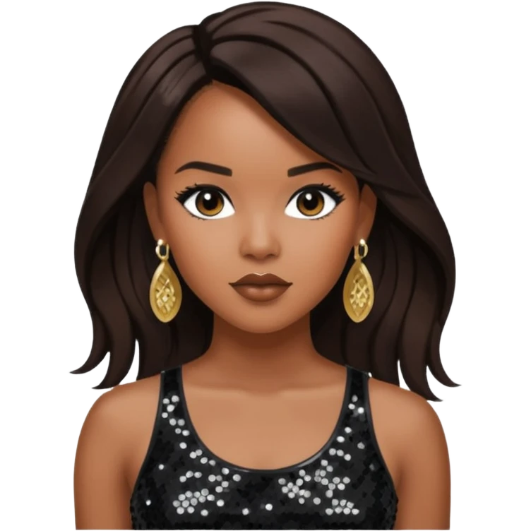 LeToya Luckett with long dark brown hair, black sequin crop top, black earring emoji